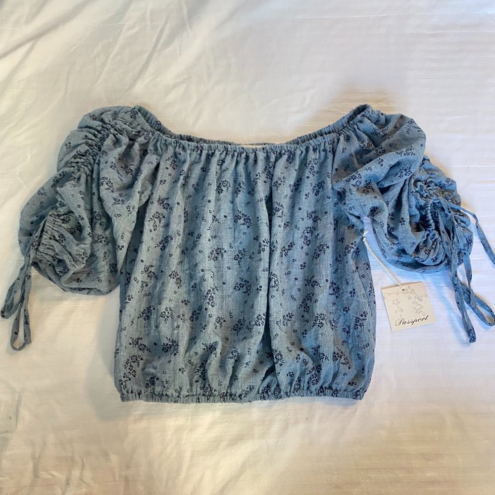 NWT Passport Cottagecore Floral Sky Blue Peasant Sleeve Blouse